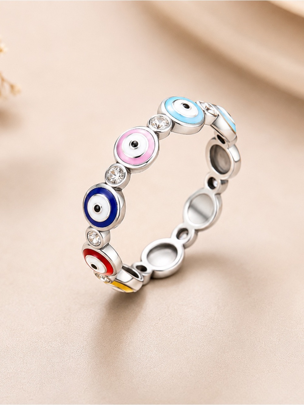 Multicolor Evil Eye Silver Band Ring